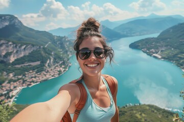 Selfie picture of adventurous young woman at mountain top after hiking, with gorgeous lakes and breathtaking vistas in the background.