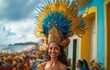 Colorful Brazilian carnival costume with amazing headset worn by an attractive brazil woman