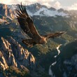 An eagle with outstretched wings flies high above the mountains in the background.