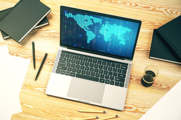 Poster - Computer monitor with abstract creative digital world map, globalization concept. 3D Rendering