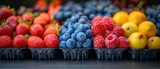 Fototapeta Londyn - various fruit and berries in tray at supermarket, Generative Ai