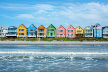 A Row Of Colorful Beach Houses Overlooking The Ocean, Their Vibrant Hues Standing Out Against The Blue Sky.