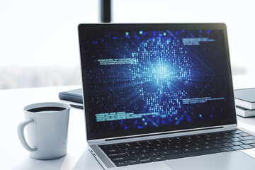 Poster - Modern computer monitor with creative code skull hologram. Malware and cyber crime concept. 3D Rendering