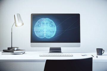 Aufkleber - Modern computer display with creative human brain microcircuit. Future technology and AI concept. 3D Rendering