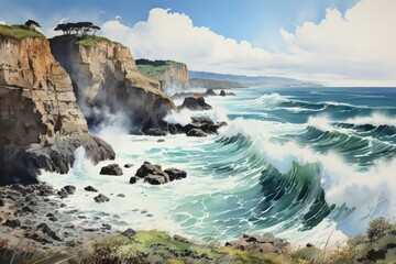 Poster - waves crashing on rocks