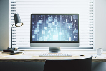 Poster - Modern computer screen with creative statistics data hologram, stats and analytics concept. 3D Rendering