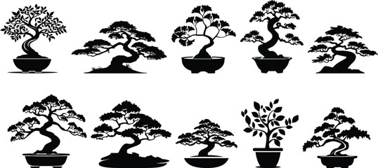 set of bonsai trees, vector illustration.