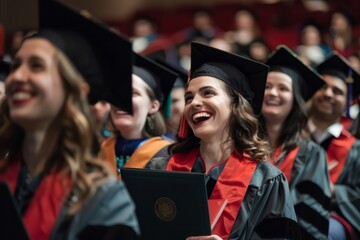 Wall Mural - A group of graduates wearing caps and gowns, celebrating their achievement with smiles and joy