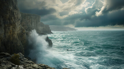 Wall Mural - A dramatic cliffside overlooking the ocean, with waves crashing against the rocks below and a stormy sky overhead. 