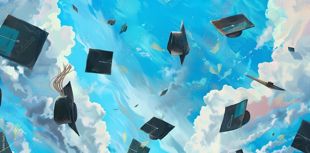 Graduation Scene Eclipse Electrifying Scene of Graduation Caps Soaring High in Radiant Blue Sky ...
