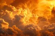 A closeup of billowing clouds in shades of yellow and orange, illuminated by the golden hues of the setting sun