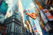 A slice of pizza captured mid-air against a vibrant city backdrop, blending food and urban photography