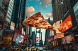 A slice of pizza being held high above a vibrant city, showcasing a blend of food and urban life