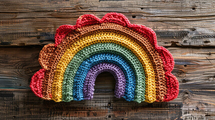 Wall Mural - Vibrant Handmade Crochet Rainbow on Rustic Wooden Background