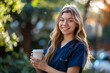 A young nursing student dressed in scrubs taking a break outdoors, holding a cup of coffee