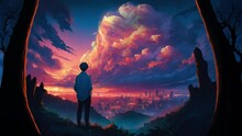 A Lone Boy Standing On A Hilltop Overlooking A Sprawling Cityscape Under Floating Clouds And Bright City Lights, Anime Style, Lo-fi Video, Looped Video