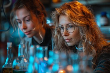 Poster - An image of two focused women scientists collaborating and examining results in a lab environment