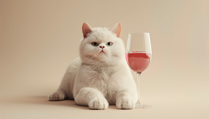 A 3D rendered cat is happily drinking a glass of wine