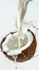 Wall Mural - Fresh coconut getting splashed with milk on a clean white background, closeup shot