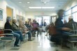 A group of patients and visitors sitting in chairs in a hospital waiting area, with varied expressions and body language