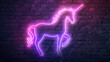 Neon Purple Unicorn Light on Dark Brick Wall Magical Ambiance