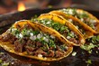 a trio of vibrant and appetizing street tacos with soft corn tortillas, filled with succulent grilled meats