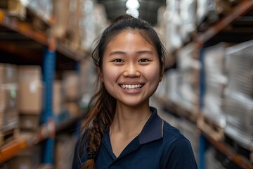 Wall Mural - Smiling portrait of a young female warehouse worker