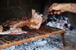 Man cooking the meat on the fire, making the barbecue on the coals in the grill of his house. Traditional Asado of Argentina, Chile, Paraguay y Uruguay.