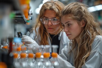 Poster - In a scientific laboratory, two women wearing lab coats and safety glasses work together, examining a specimen