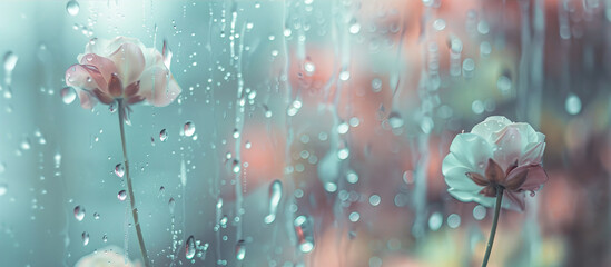 Sticker - Photo of flowers through foggy glass with drops
