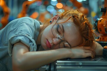 Poster - An exhausted worker resting her head amidst a high-tech robot assembly function, representing human fatigue against relentless technological advancement