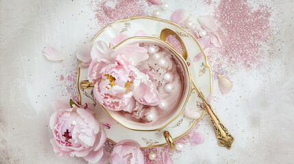 Canvas Print - Beautiful cup of coffee on a saucer decorated with cream and flowers
