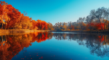 Wall Mural - A tranquil lake surrounded by autumn foliage, with vibrant red, orange, and yellow leaves reflecting in the calm water under a clear blue sky.