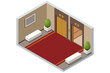 Isometric empty luxury hotel hallway interior with closed numbered doors, glowing wall lamps, potted plants and elevator. Enjoy the Holiday and Vacation. Mobile Application, Hotel Booking Online