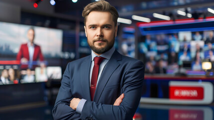 Wall Mural - A man in a suit and tie stands in front of a television screen