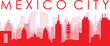 Red panoramic city skyline poster with reddish misty transparent background buildings of MEXICO CITY, MEXICO