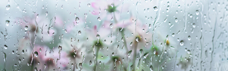 Poster - photo of flowers through wet glass
