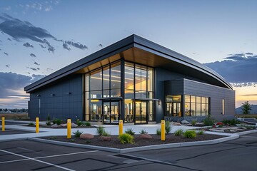 Modern industrial building at sunset, dramatic clouds, sleek black and gray facade