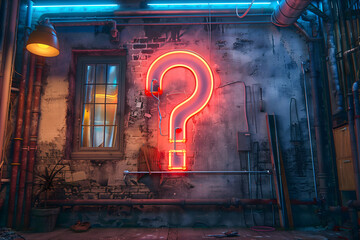 Massive red neon sign formed as a question mark. The sign hangs on the wall in the middle of an old and weathered room