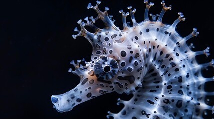 A close up of a sea creature with a brown and white shell. The shell is covered in small white spots