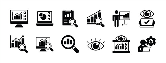 Wall Mural - Business management monitoring icon set. Containing growth graph, chart, statistics, analysis, report, objective, development, improvement, achievement, presentation. Vector illustration