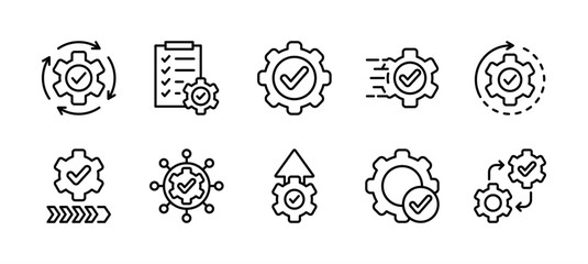 gear settings thin line icon set. containing execution, process, system, evaluate, efficiency, busin