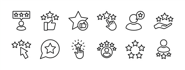 Customer review, rating, and feedback thin line icon set. Containing testimonial, survey, opinion, satisfaction, service, life events, quality, evaluation, test, result, communication vector