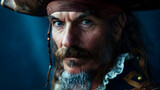 Fototapeta  - Epic close-up photoshoot of a daring pirate character looking directly at the camera against a nautical navy blue background.


