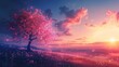 Morning lazy mood, beautiful vast sunrise landscape, Sakura tree, Deep neon Color