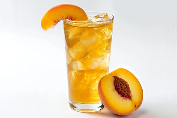 Wall Mural - A tall glass of iced ginger peach tea garnished with a peach slice, a spicy and fruity summer beverage to savor isolated on solid white background.