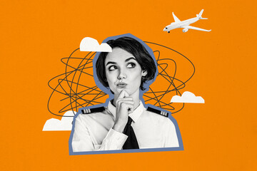 Canvas Print - Composite photo collage of thoughtful girl pilot think aircraft fly trip journey stewardess profession isolated on painted background