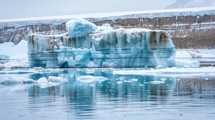 Sticker - Multi-colored floating glacial ice with snow cover. Huge chunks of ice floating near brown bluff, Antarctica