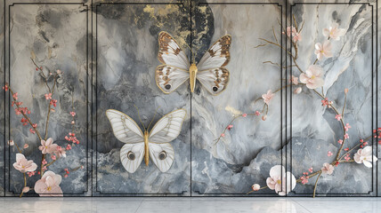 Wall Mural - Marble background with butterfly and flower design. Wall art panels