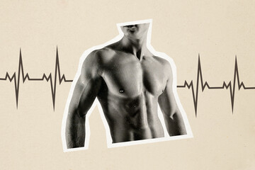 Poster - Composite photo collage of nice attractive sportsman muscular body provocative torso heart rate diagnosis isolated on painted background